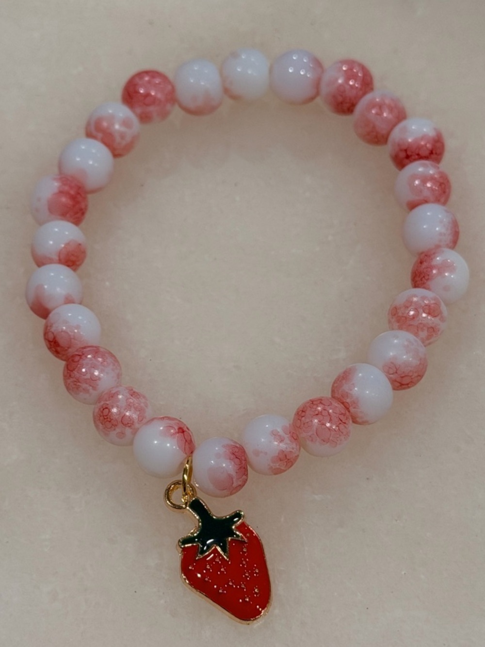 Strawberry Charm Pink Beaded Stretch Bracelet